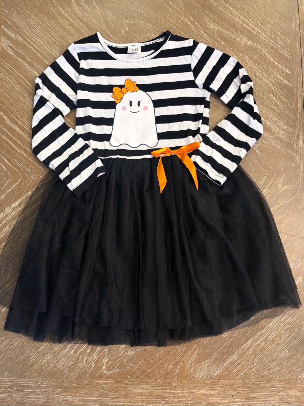 Black & White Ghost Tulle Dress with Orange Bow - Halloween Dress